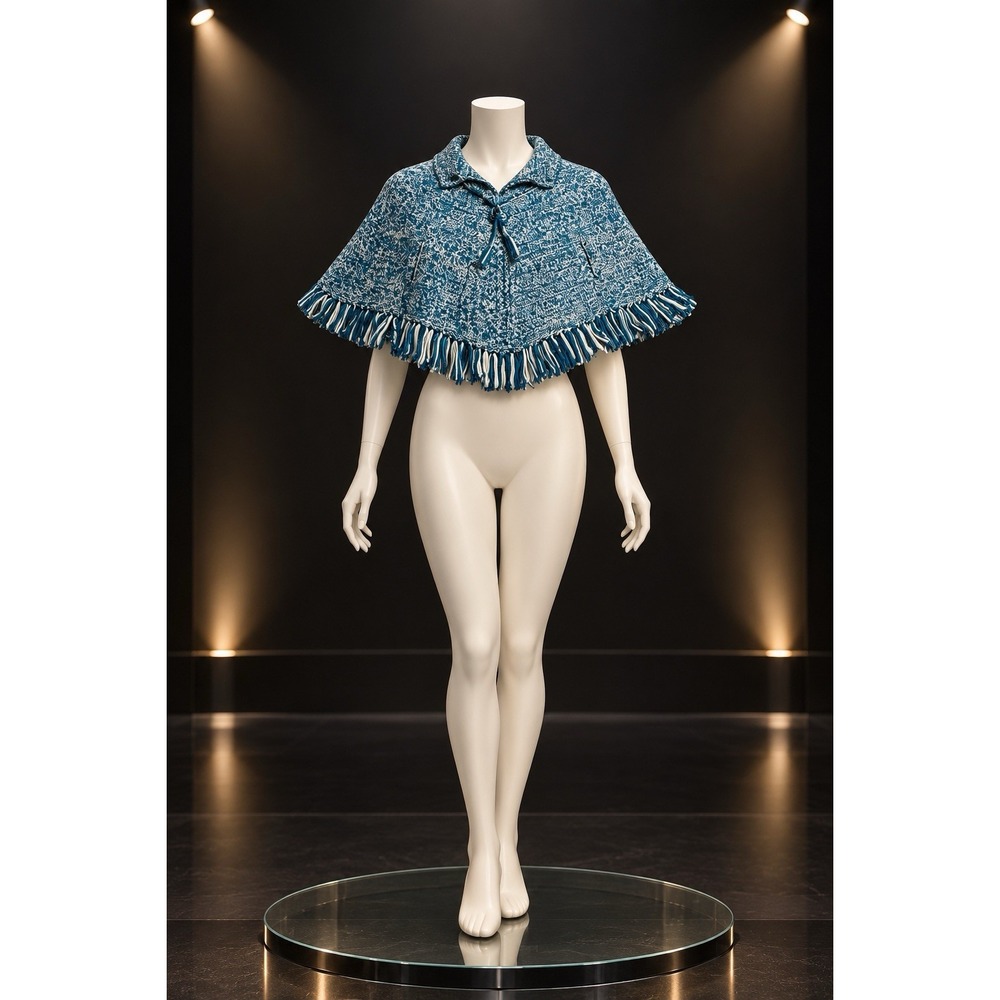 Vintage 70s Handmade Knit Crochet Turquoise White Speckled Fringe Poncho Capelet